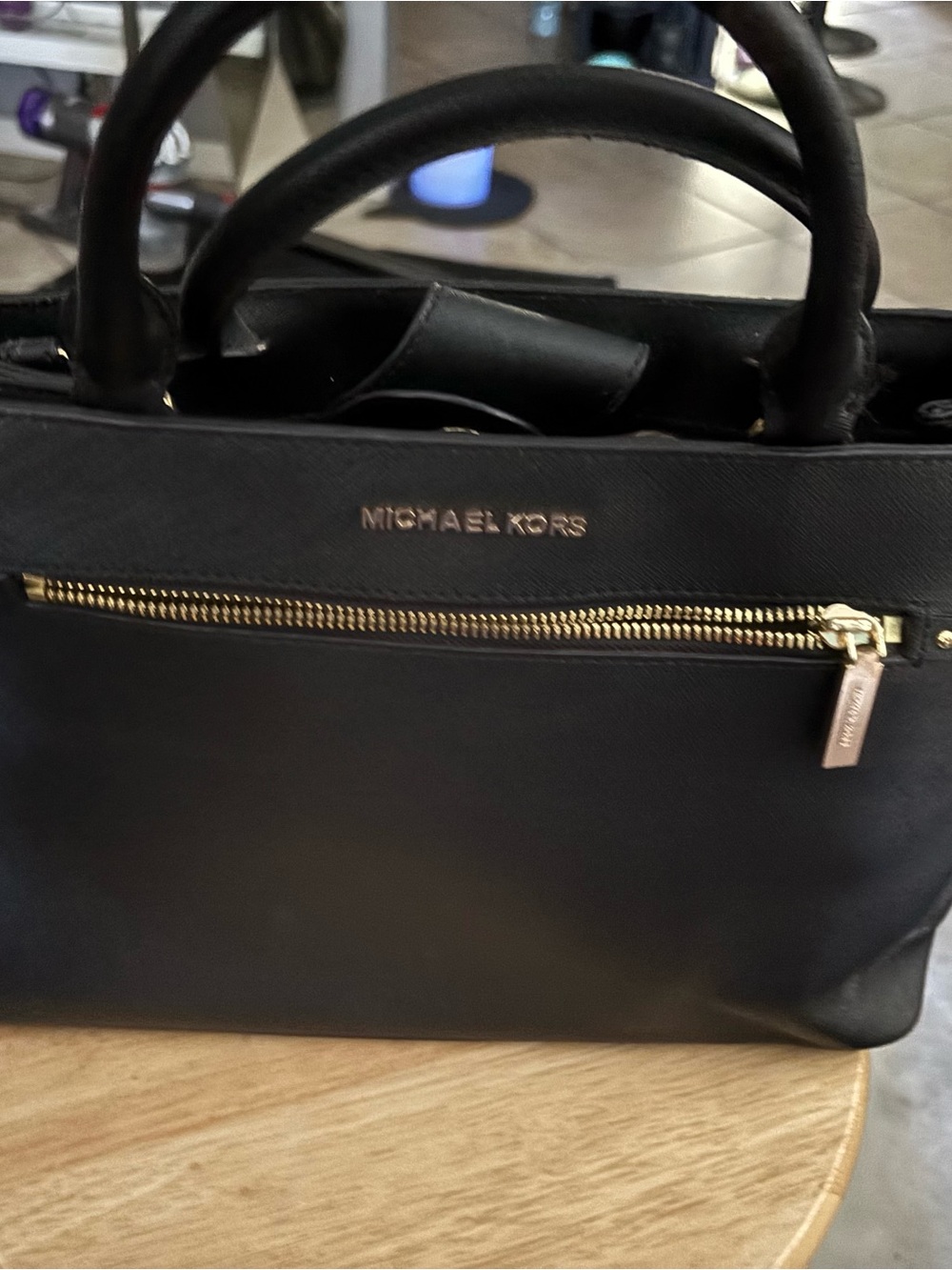 Michael Kors Black Leather Tote with Gold Hardware